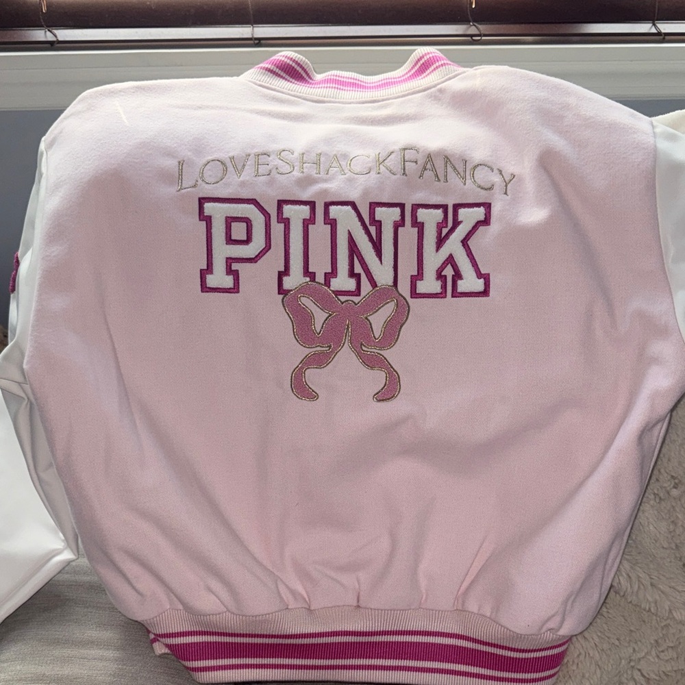 LoveShackFancy x PINK; Pink and White Embroidered Boyfriend Varsity Jacket